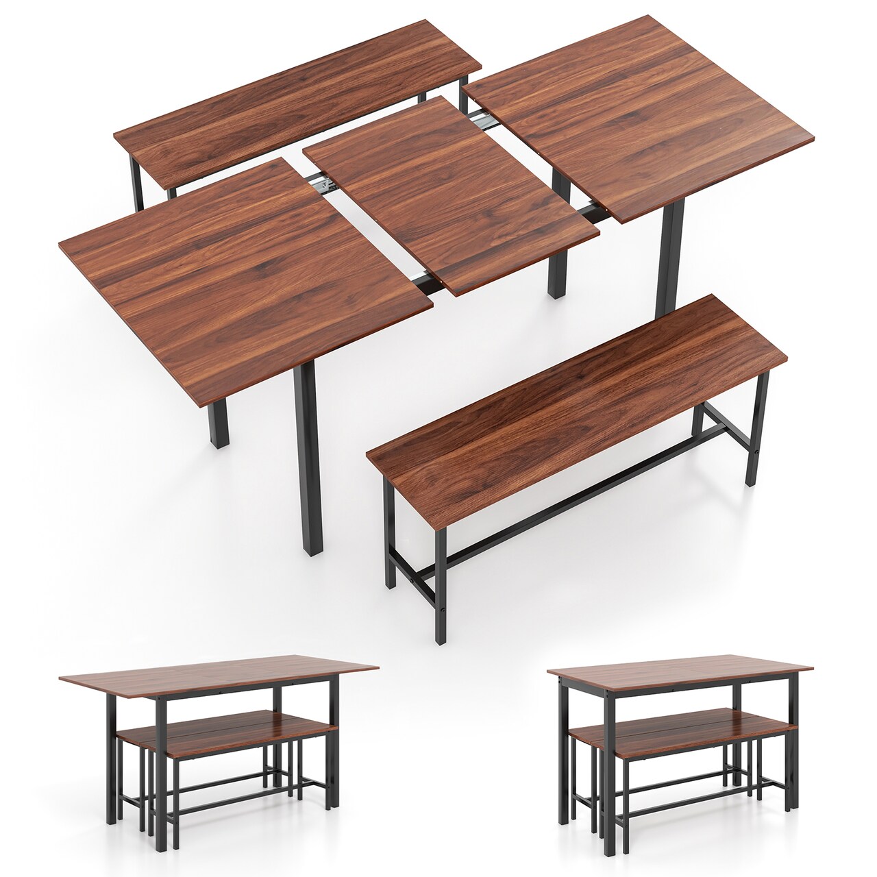Modern Wooden 3 Piece Dining Table Set for 4-6 with 2 Benches – Sturdy, Space-Saving Design